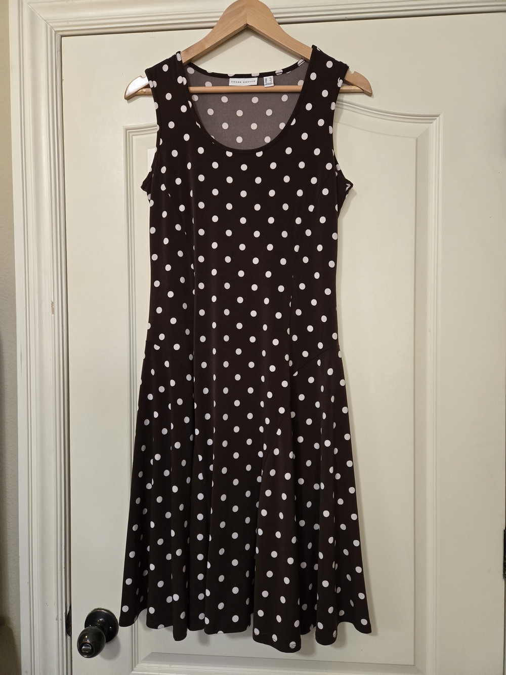 Susan Graver Brown & White Polka Dot Sleeveless Midi A-Line Dress Flowy Layer
